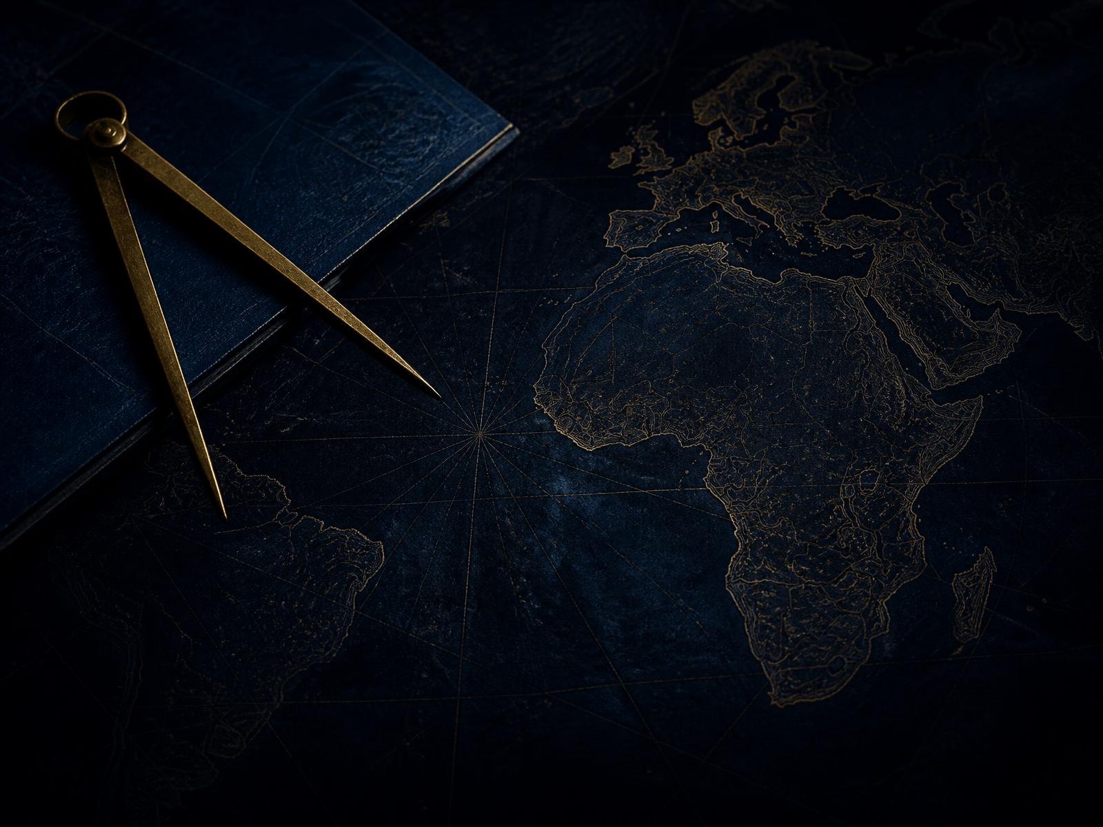 Brass dividers resting on an antique navigation chart